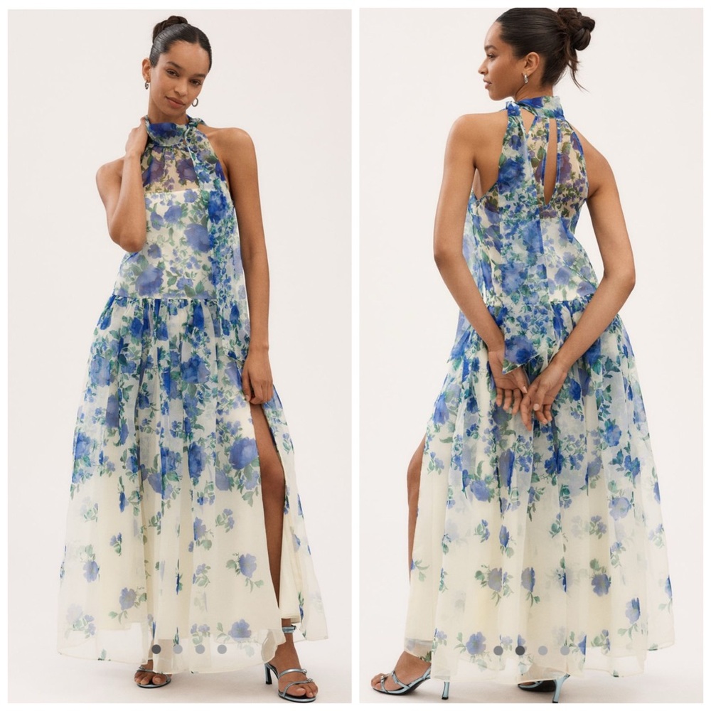 Anthropologie BHLDN Kendall High Neck Scarf Floral Organza Maxi Dress Blue Large